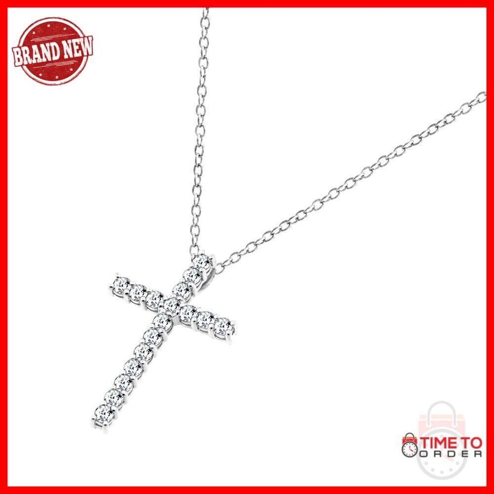 18" Platinum Plated Sterling Silver Cross Pendant Necklace with Zirconia